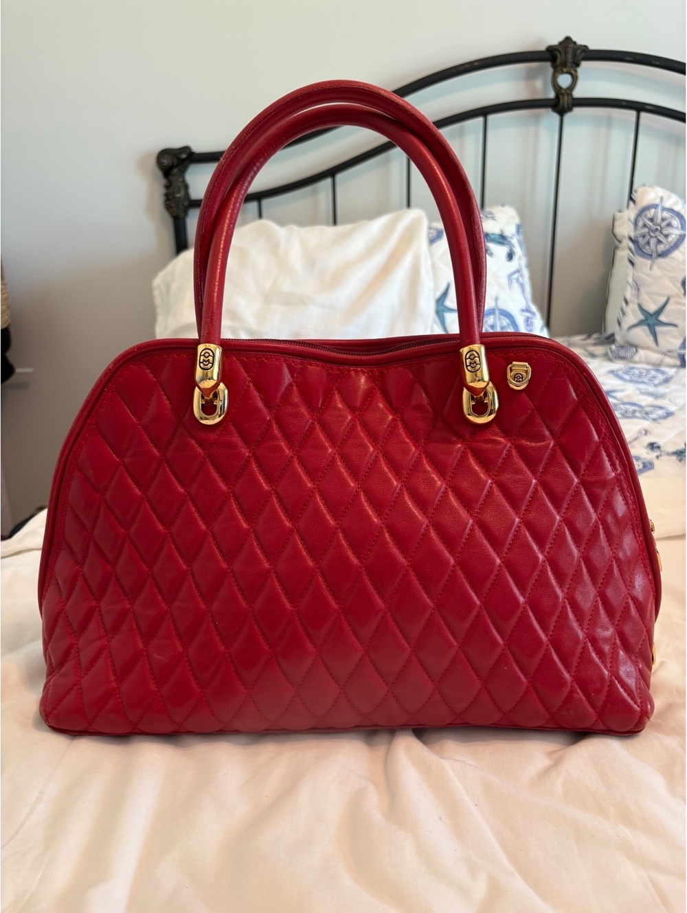 Marino Orlandi Red Quilted Genuine Leather Satchel Handbag Made in Ita